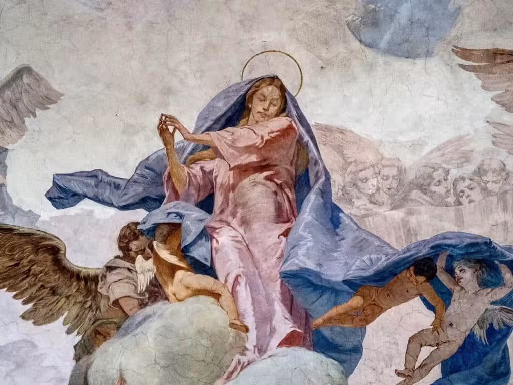 The Feast of the Assumption of Mary. Mother of God assumes to Heaven.