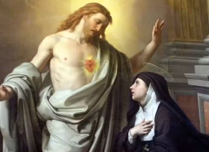 Imagem de Santa Margarida Maria Alacoque e do Sagrado Coração. Descubra a devoção e a história do Sagrado Coração e as igrejas ligadas a ela no aplicativo Horários de Missa em seu celular.