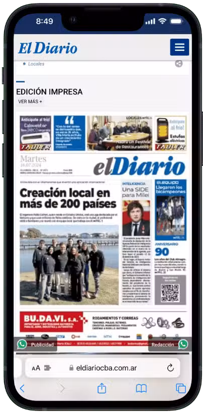 O jornal da nossa cidade natal nos destaca em sua capa. Pablo Licheri e parte da equipe do Horários de Missa se reúnem em sua cidade natal, Villa María, e saem na capa do jornal.