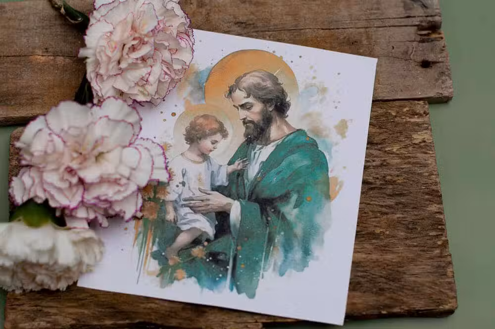Imagen de San José con Jesús. Oraciones a San José para conseguir trabajo.