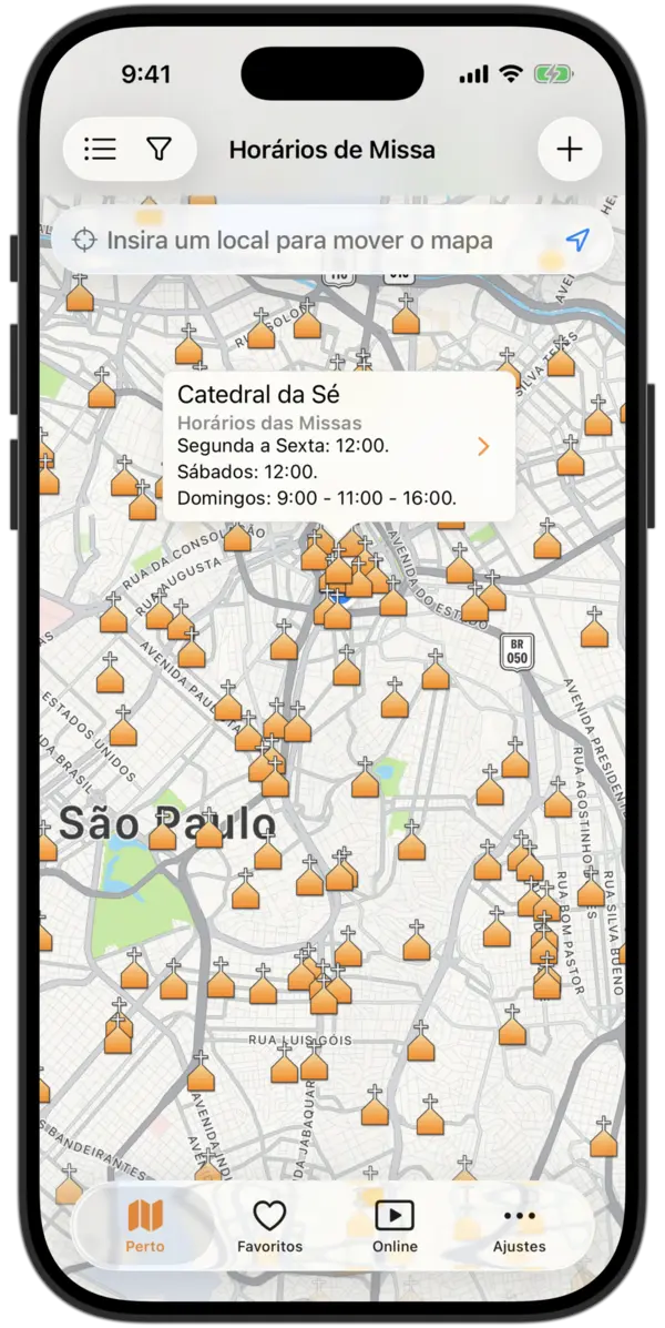 Horários de Missa app - Mapa de igrejas católicas próximas