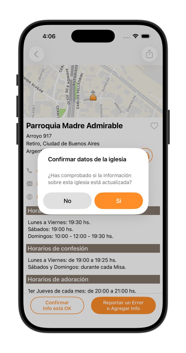 Confirmar informações da igreja - Apps Horários de Missa - Horários de Missa
