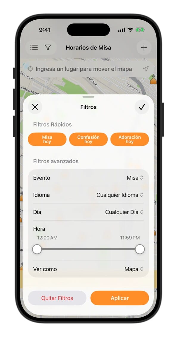 Filtros - App Horários de Missa - Horários de Missa