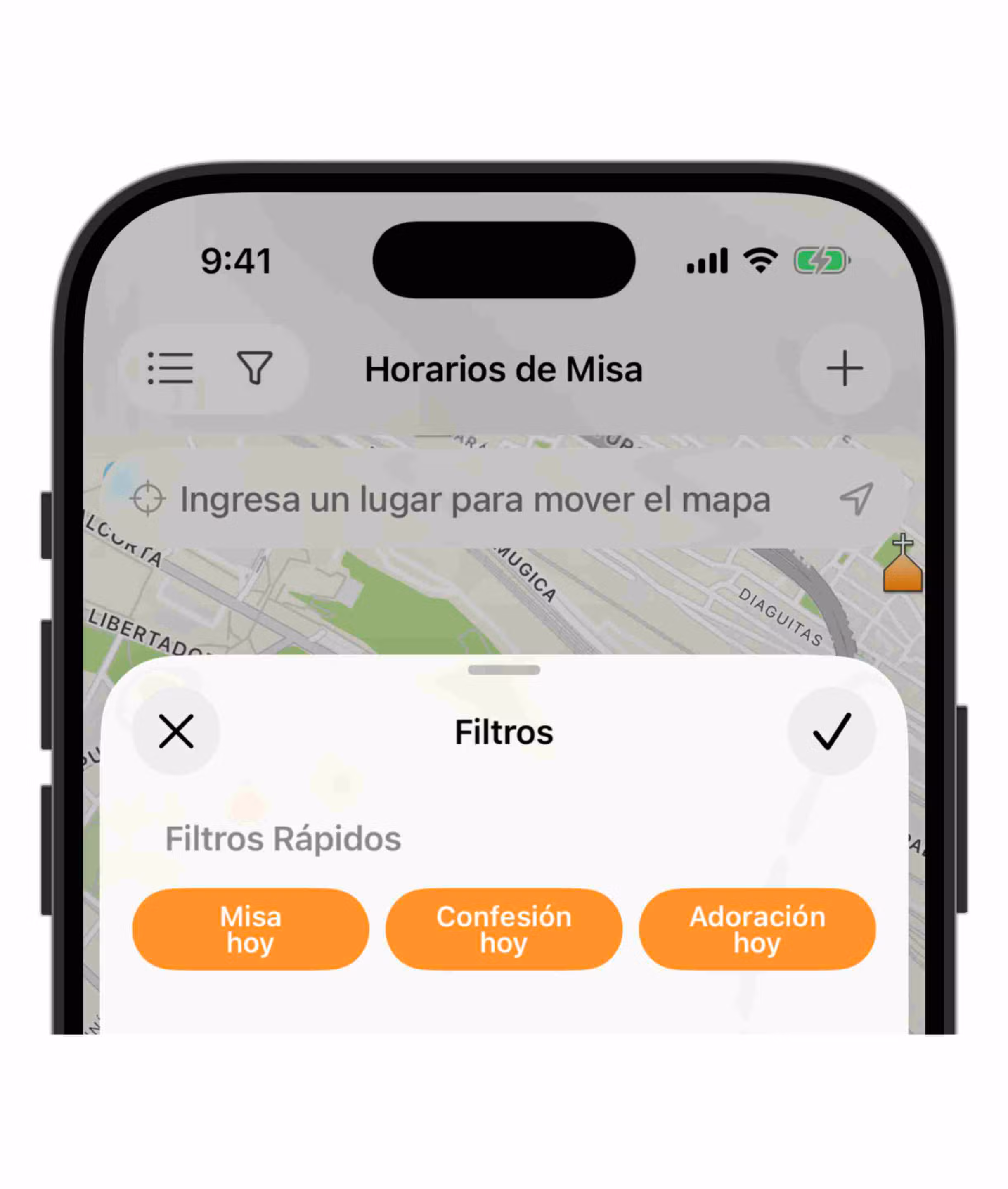 Filtros Rápidos do App Horários de Missa - Igrejas Perto de Mim - Horários de Missa