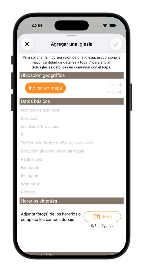 Formulário para adicionar uma igreja - App Horários de Missa - Horários de Missa
