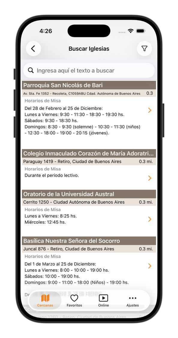 Lista de igrejas próximas - App Horários de Missa - Horários de Missa